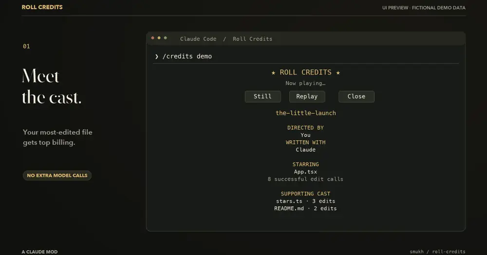 roll-credits pane after /credits demo with Still, Replay and Close buttons and the cast list