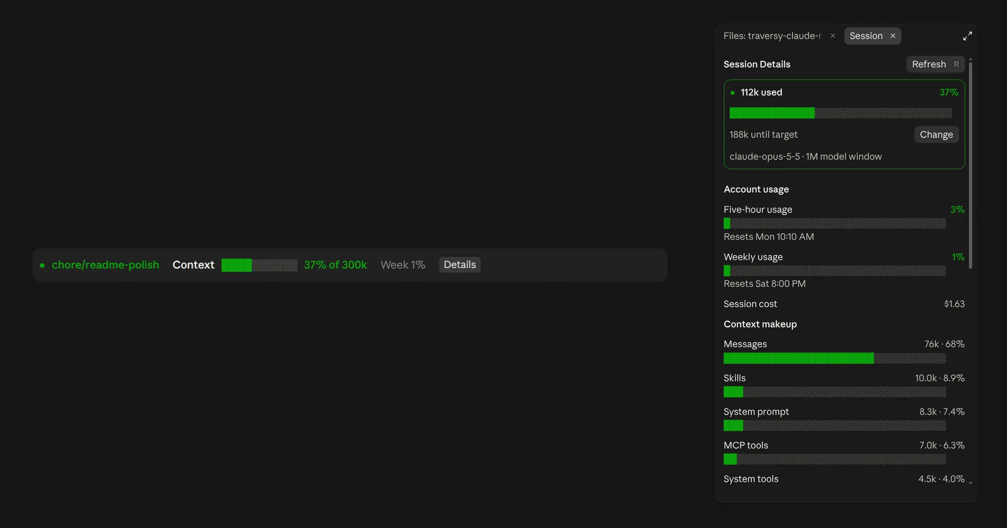 session-hud strip with branch, context meter and weekly usage, beside its Session Details pane in Claude Desktop