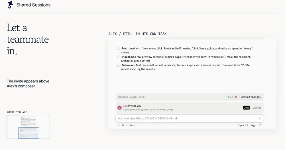 shared-session invite row above the Claude Desktop composer: Leo invites you, with Join and Dismiss buttons