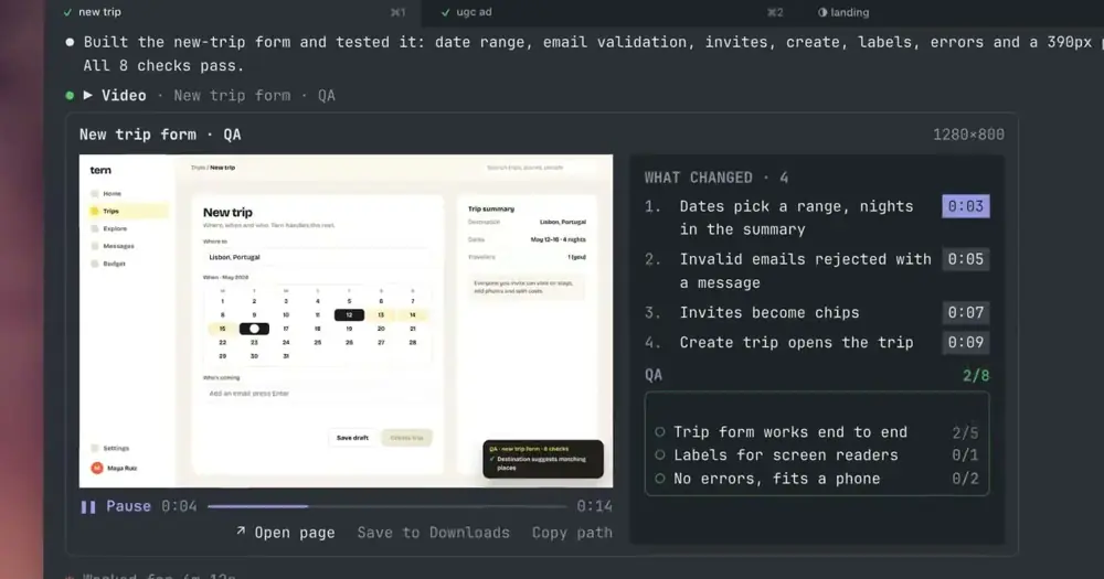 show-your-work player in Claude Code: a recorded test of a trip form, with what changed and QA checks beside it