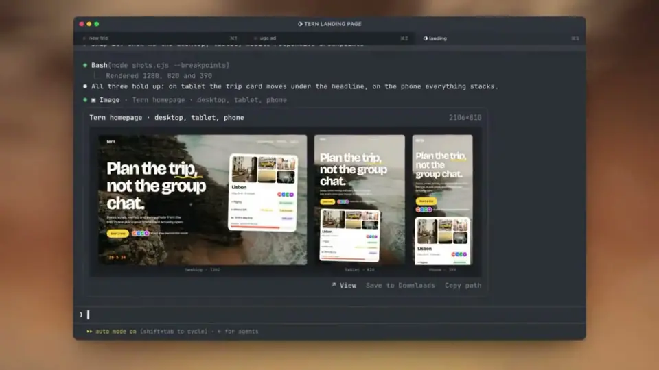 show-your-work showing one image of a homepage at desktop, tablet and phone widths in the Claude Code chat
