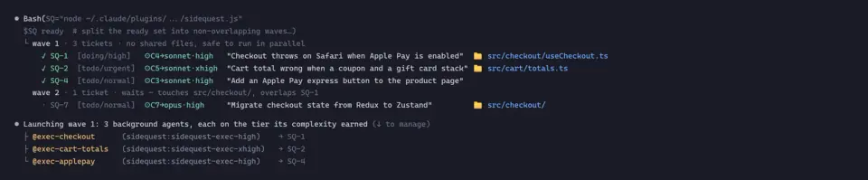 Sidequest splitting ready tickets into waves with no shared files and launching three background executors, one per ticket