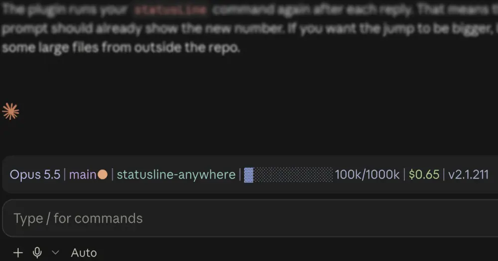 statusline-anywhere status line above the Claude Desktop prompt: model, branch, context bar, cost and version