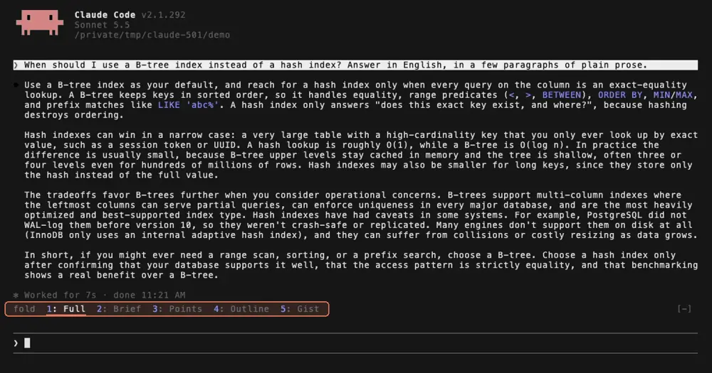TextFold level row under a four-paragraph Claude Code reply on B-tree and hash indexes, with Full selected