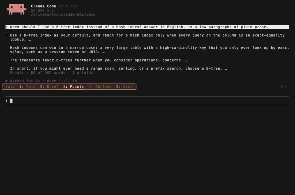TextFold at Points: each paragraph of the reply cut to its first sentence, with a line reading 84 of 302 words