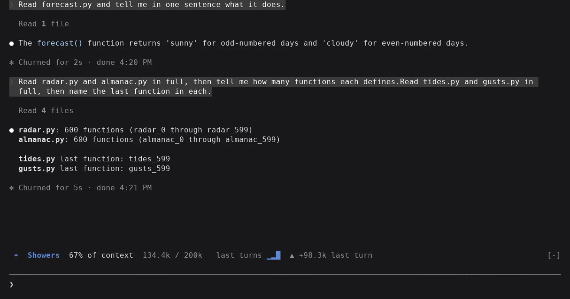 token-weather band above the Claude Code prompt reading Showers, 67% of context, 134.4k of 200k tokens