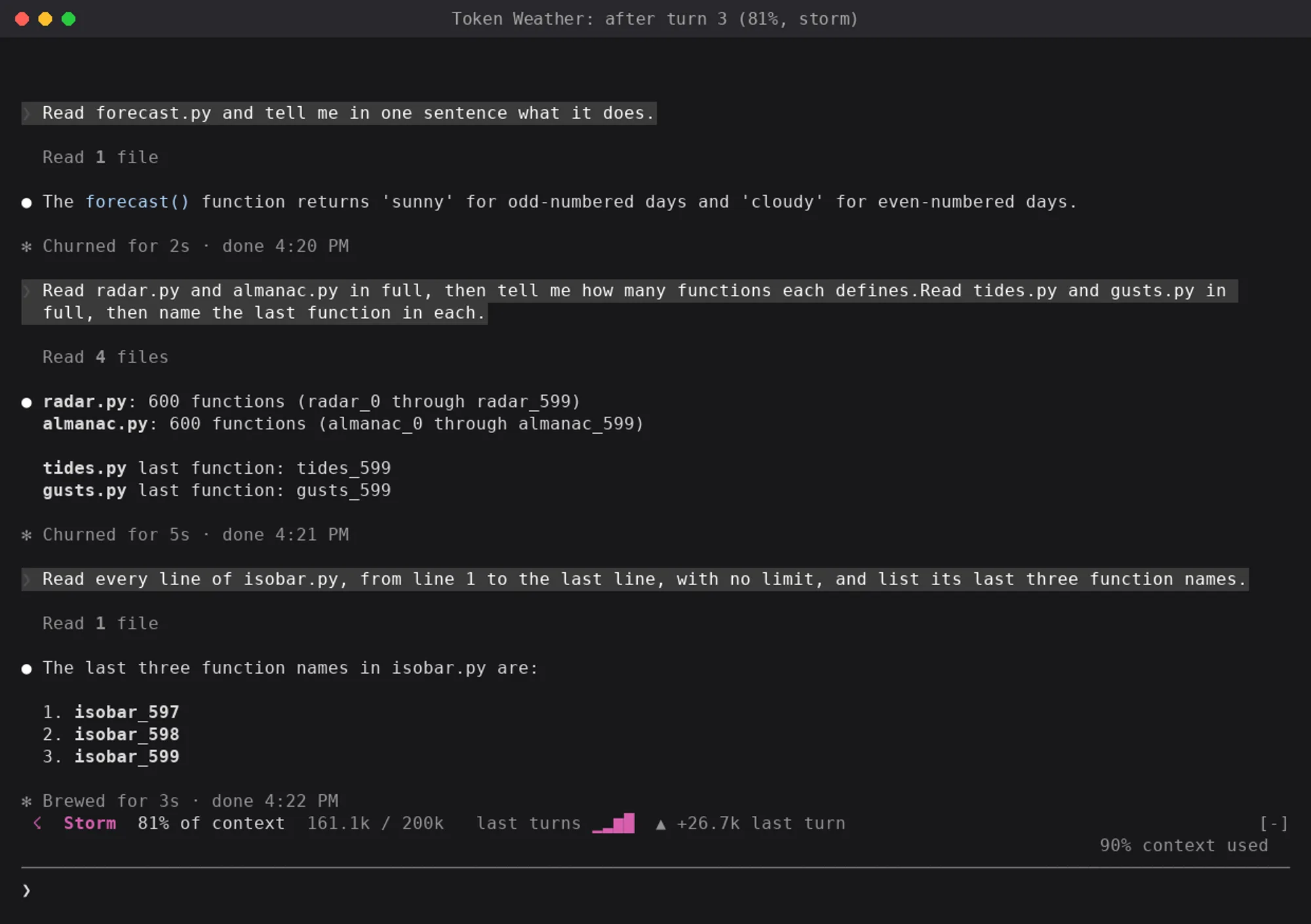 token-weather reading Storm at 81% while Claude Code's own notice below it says 90% context used