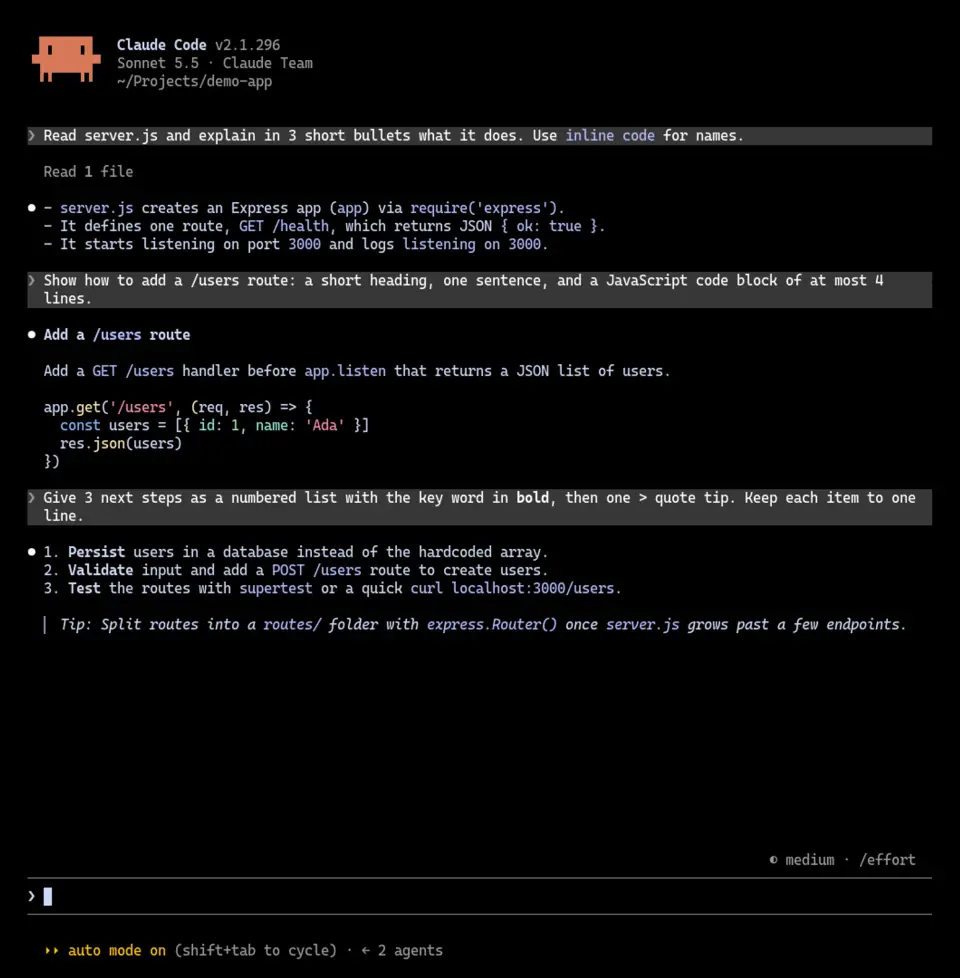 Stock Claude Code before ui-themes: grey prompt bars and replies with no box or background colour