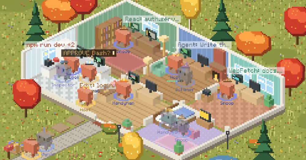 Vibehaus isometric pixel house by day, Clawds at desks under tool labels, autumn garden all round