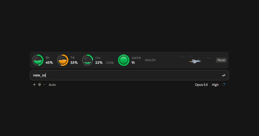 wavy-usage band above the Claude Code prompt: liquid rings for 5h, 7d, ctx and cache, the session cost and the effort jet