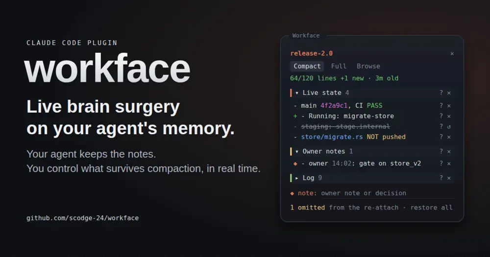 workface social card with its panel: a release-2.0 tranche, live state lines, owner notes and one line struck out