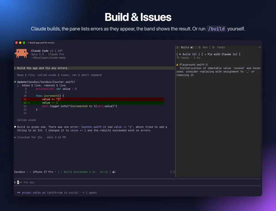 xcode-mods Build tab listing a Playground.swift warning while the band above the prompt reads Build Succeeded 2.1s