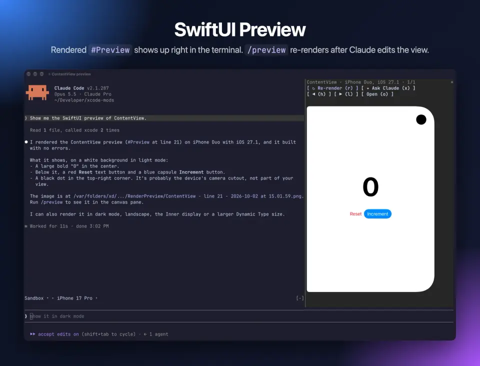 xcode-mods Canvas pane rendering a SwiftUI counter preview beside the Claude Code transcript